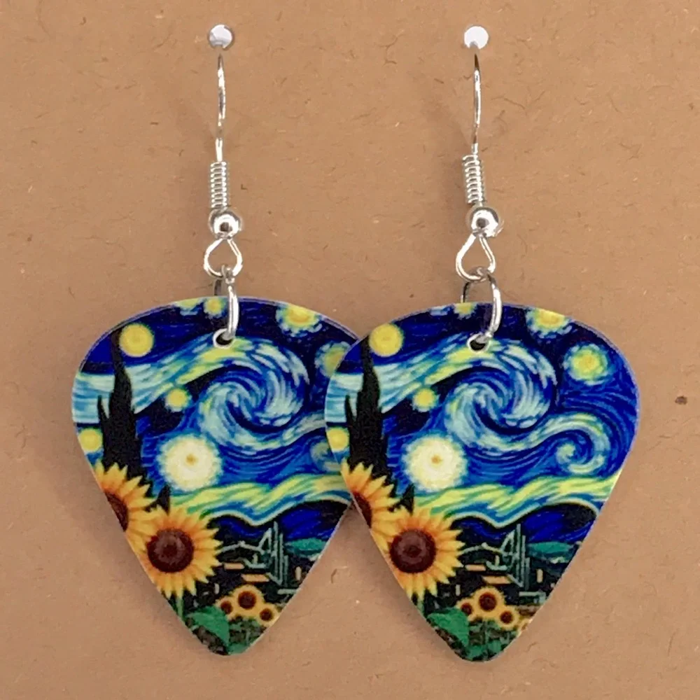 Starry Night Sunflower Custom Guitar Pick Earrings Fashion Jewelry - Picture 3 of 3